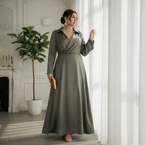 Xscape Olive Green Satin Wrap Style Gown – Size 14W – NWT